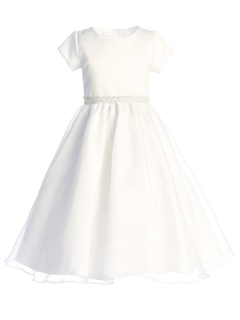 Girls White Short Sleeve Crystal Organza Plus Size Communion Dress 10.5-16.5 - SophiasStyle.com